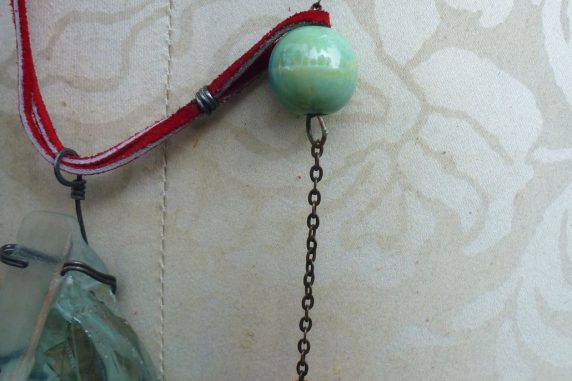 ceramic and wood beads Looking glass mannequin bust steel wire red suede necklace