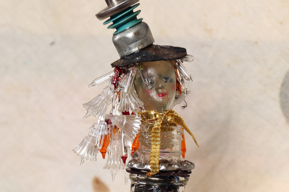 cast resin face, repurposed Christmas bulbs Steampunk ballerina Beatrix sculpture