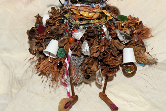 tutu from recycled pods, bottle caps and founbd objects Mixed media steampunk sculpture