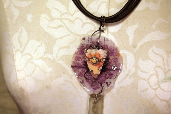 Steampunk circus cage necklace Caged circus resin necklace with a vintage crystal and leather