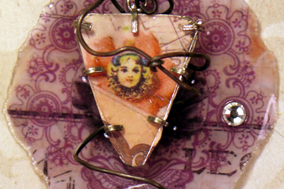 damask background and bling accent Caged circus resin necklace with a vintage crystal and leather