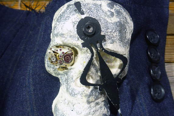 Repurposed watch parts Day of the dead Edwardian men's skull cuff bracelet