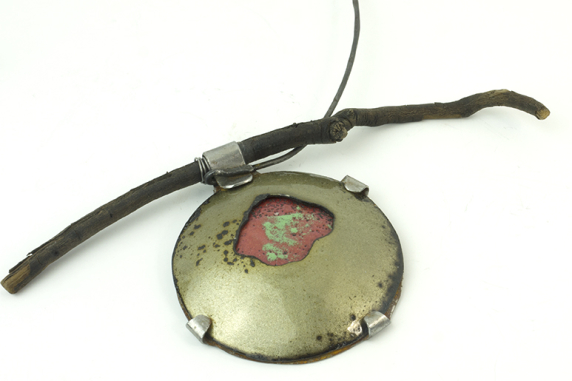 Gold enamel disc with coral red accent nature inspired jewelry