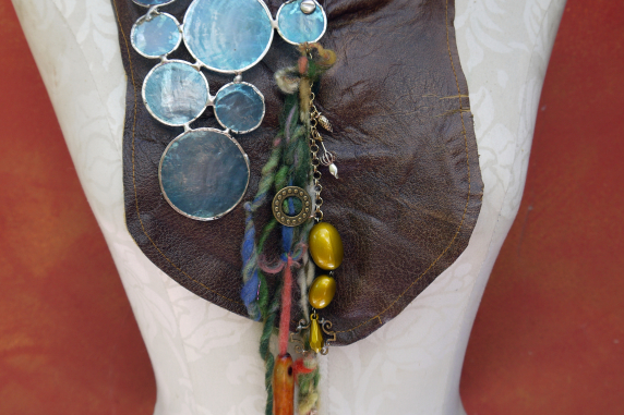 beautiful statement necklace Gathered brown leather fringe bib necklace with blue capiz shell