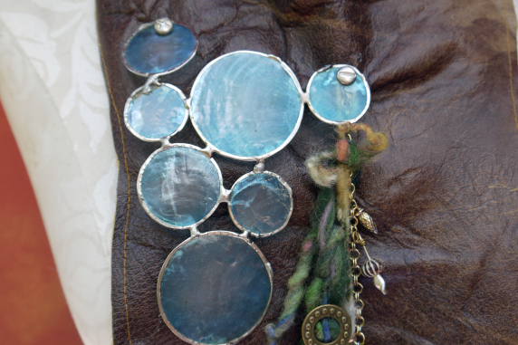 rustic leather Gathered brown leather fringe bib necklace with blue capiz shell