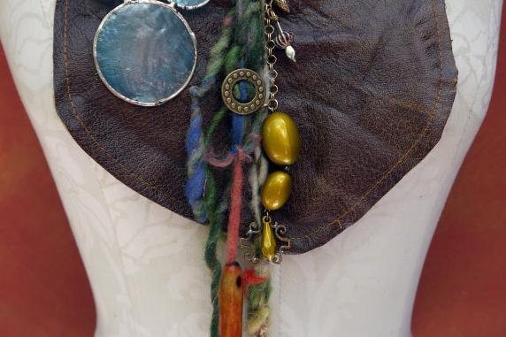 blue capiz shells Gathered brown leather fringe bib necklace with blue capiz shell