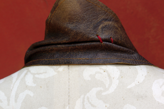 back with red stitching Gathered brown leather fringe bib necklace with blue capiz shell