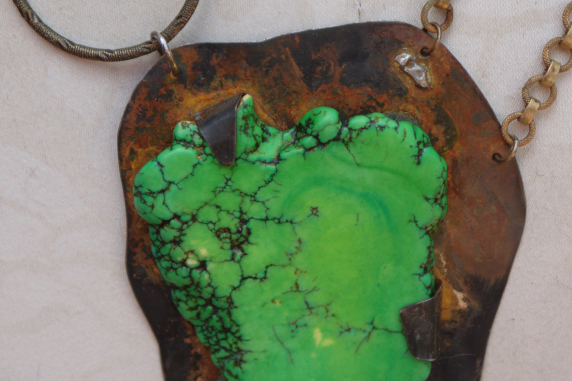 Green magnesite recycled boho necklace Beautiful green magnestie stone