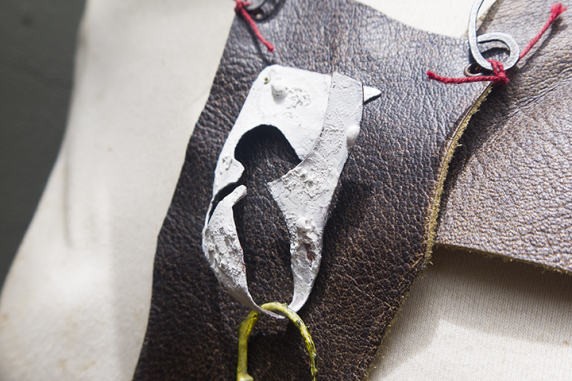 3D white enamel flower (or bird?) recycled leather necklace