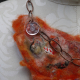 Orange felted yarn necklace with copper chain and vintage buttons