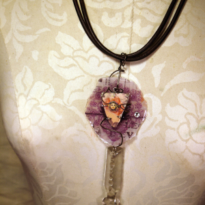 Caged circus resin necklace with a vintage crystal and leather