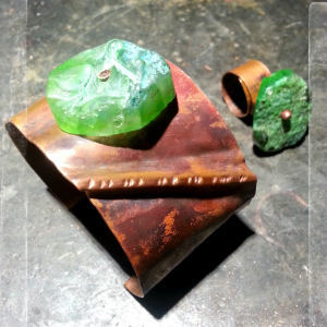 Copper cuff and ring with green stone 